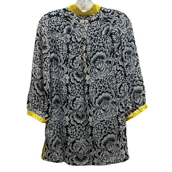 Susan Graver top mandarin floral 3/4 sleeves sheer black white yellow Medium - Picture 5 of 6